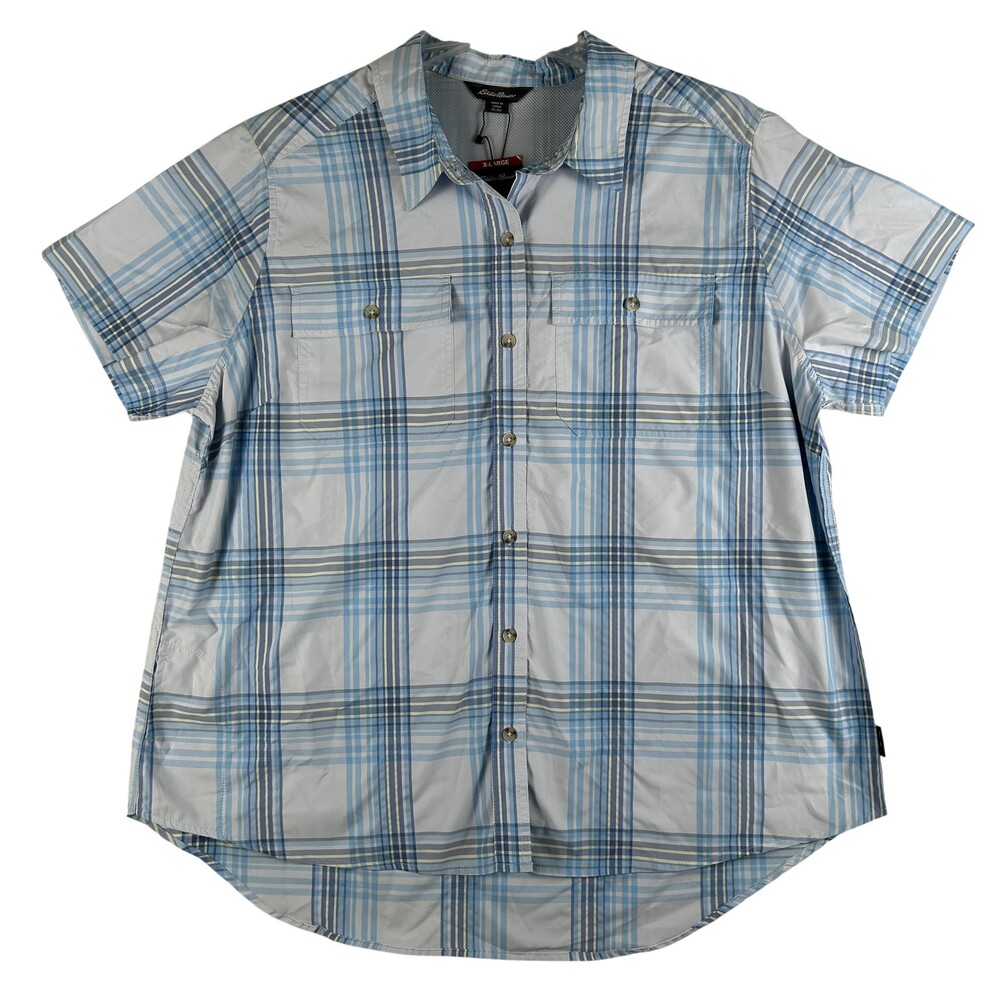 Eddie Bauer Adventure Shirt Womens XL Blue Plaid Short Sleeve UPF 50 EB004068